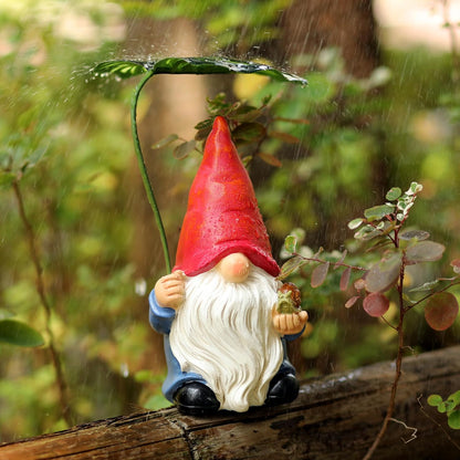 Garden Gnome Statue Decoration with Leaf Umbrella, 6.5” Figurine Ornament for Indoor Outdoor Home