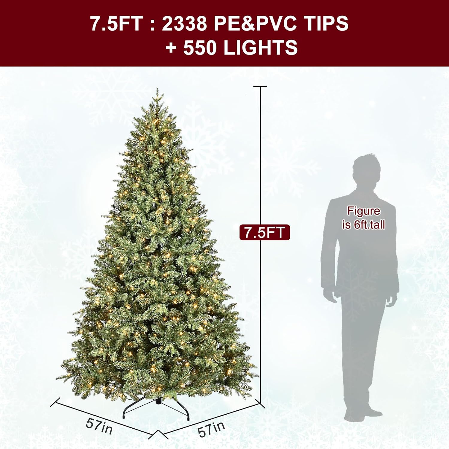 7.5 FT Prelit Christmas Tree with 550 Warm White Lights, 2359 PE&PVC Mixed Branch Tips, Hinged