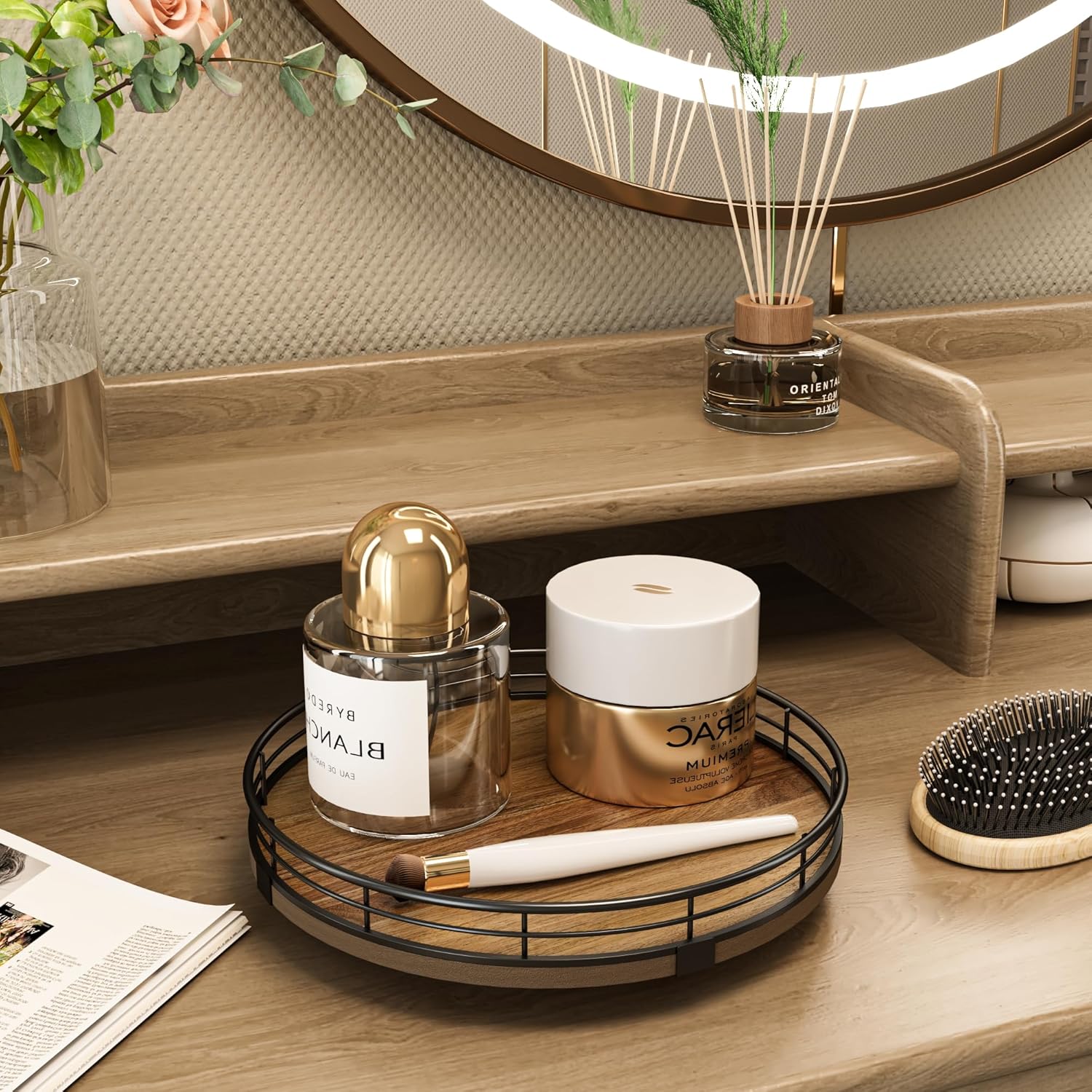 Acacia Wood 9" Bathroom Vanity Tray Turntable, Farmhouse Round Bathroom Countertop Organizer for