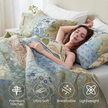NEWLAKE Quilt Set California King Size, 100% Cotton Patchwork Green Bohemian Quilt Sets, Reversible
