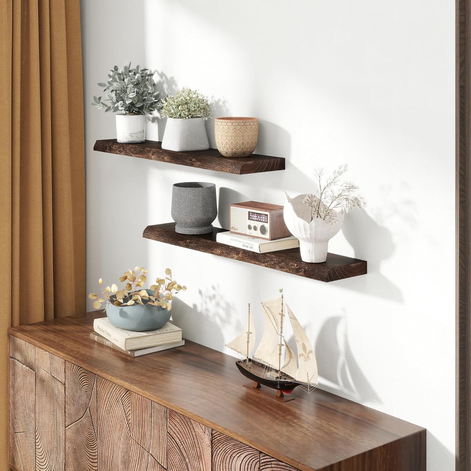 Solid Elm Wood Floating Shelves, 36 Inch Wood Floating Shelves for Wall, Live Edge Wooden Shelves