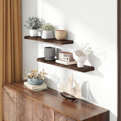 Solid Elm Wood Floating Shelves, 36 Inch Wood Floating Shelves for Wall, Live Edge Wooden Shelves