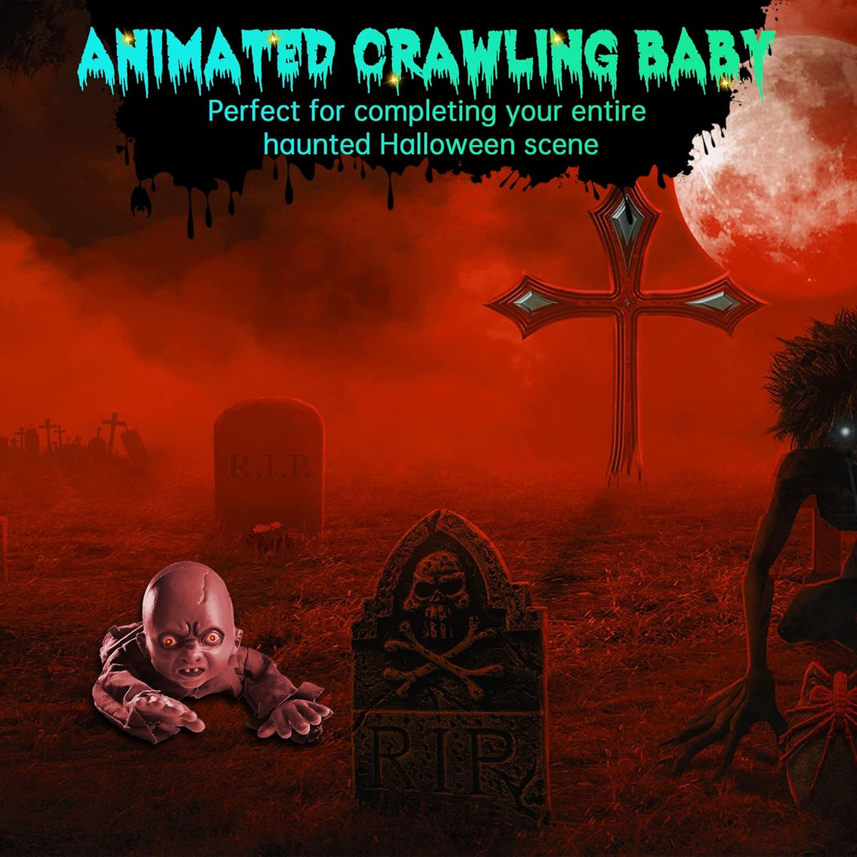 AW Halloween Animated Decoration Crawling Baby Zombie Scary Sound Sensor Activated Ghost Baby Doll