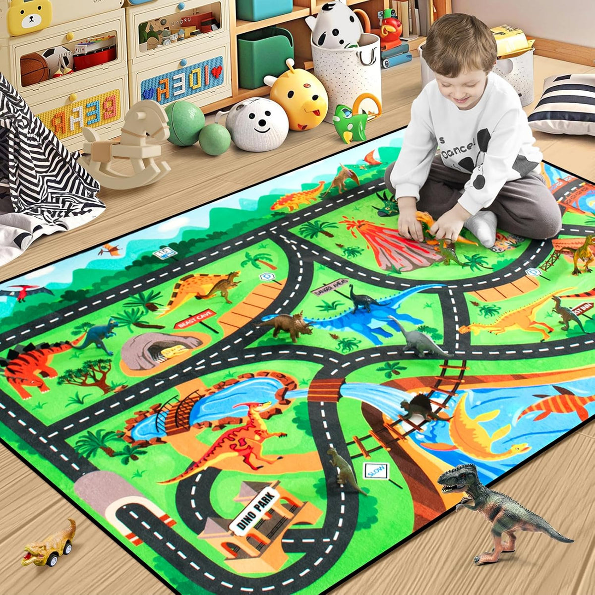 Kids Rug, Car Carpet for Kids' Toy Cars, 6x9 Ft Dinosaur Rug, Dino Safari Road Mat for Playroom
