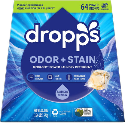 Dropps Odor & Stain Biobased Power Laundry Detergent Pods, Lavender Meadow (64 Count) - HE