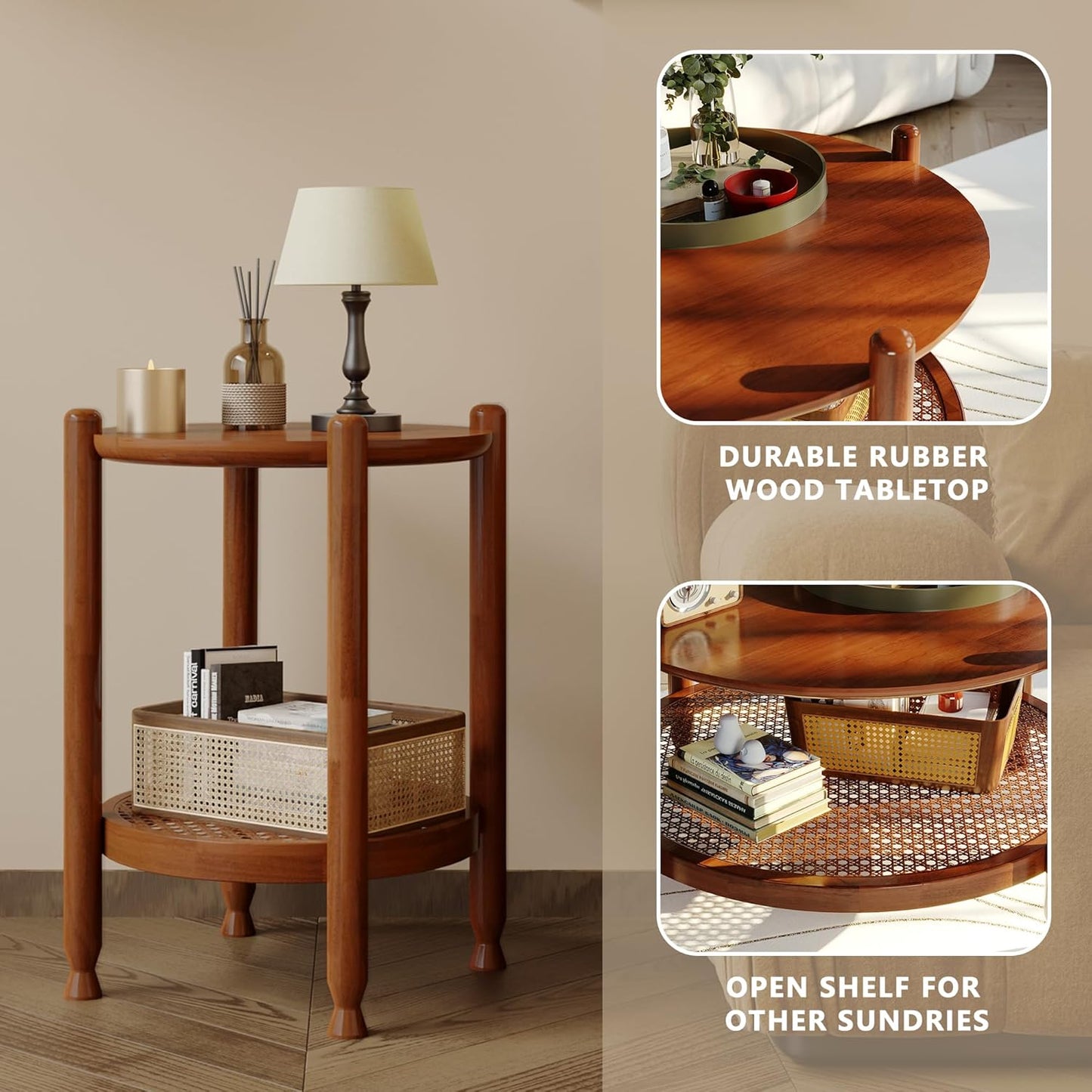 NSdirect Round End Table for Living Room, 2-Tier Rustic Wood Center Table for Home Decor with Boho