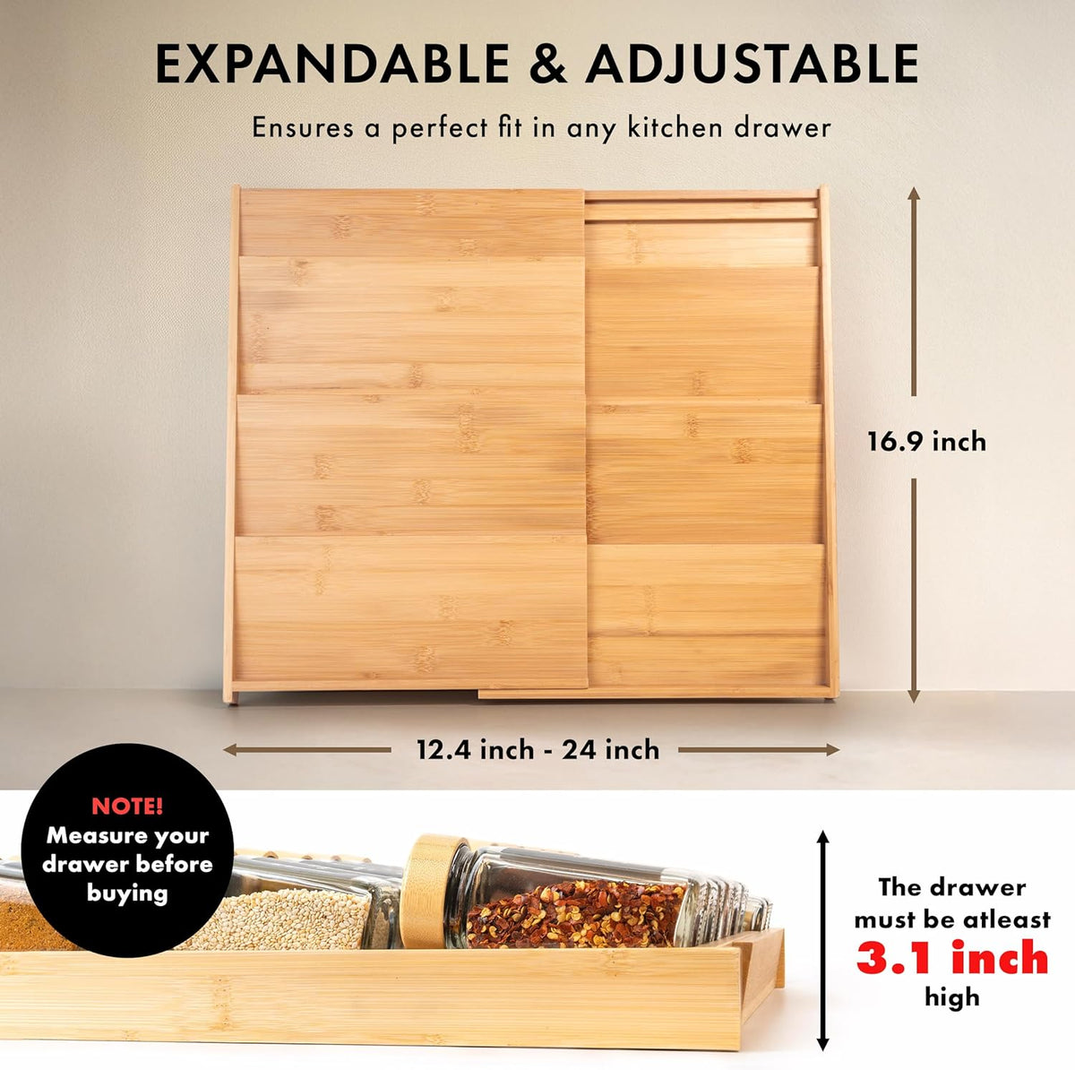 Bamboo Spice Drawer Organizer - Expandable 4 Tier Spice Rack (Need 3" Deep Drawer) 12" to 24" Wide