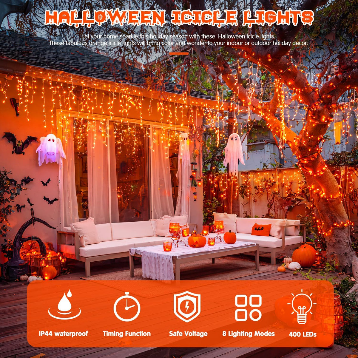 JMEXSUSS Orange Halloween Lights Outdoor, 38.8 FT 400 LED Orange Icicle Lights Outdoor Waterproof