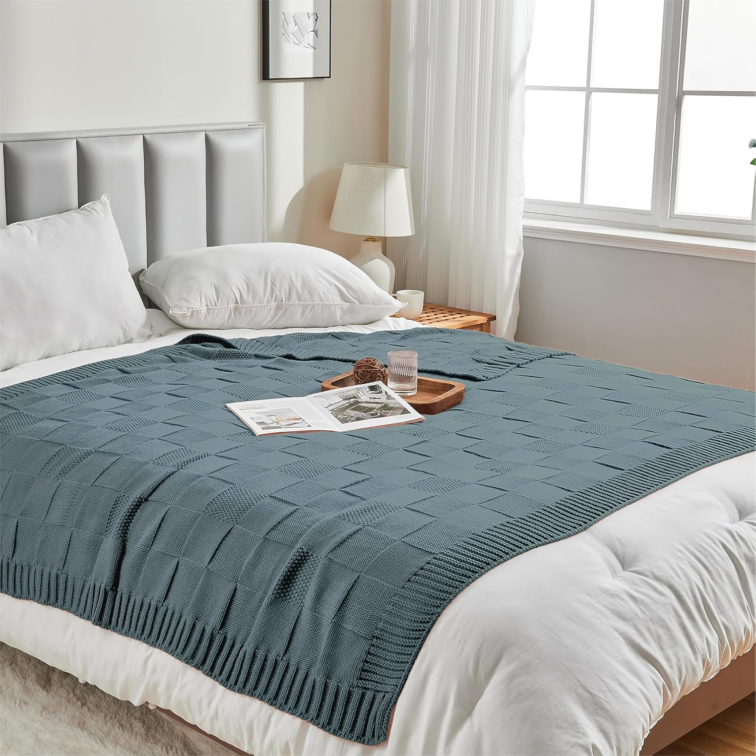 CozeCube Check Knit Throw Blanket, Dusty Blue Checkered Throw for Couch, Decorative Christmas Soft