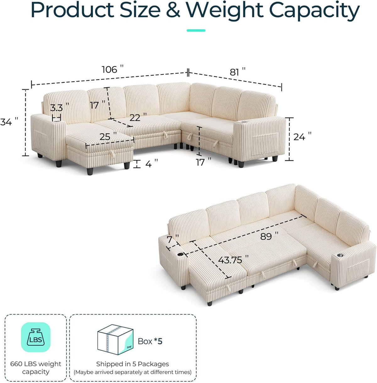 LINSY HOME Sectional Sleeper Sofa with Pull Out Couch Bed - Convertible Plush Corduroy Cloud Couch