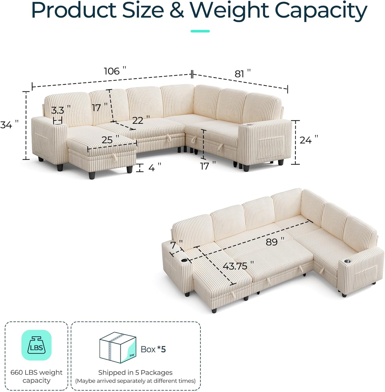 LINSY HOME Sectional Sleeper Sofa with Pull Out Couch Bed - Convertible Plush Corduroy Cloud Couch