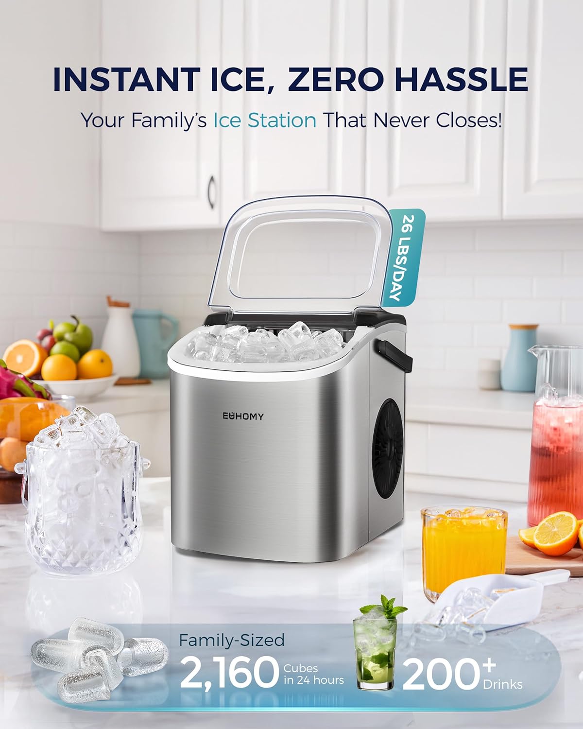 EUHOMY Countertop Ice Maker Machine with Handle, 26lbs Per Day, 9 Ice Cubes Ready in 6 Mins