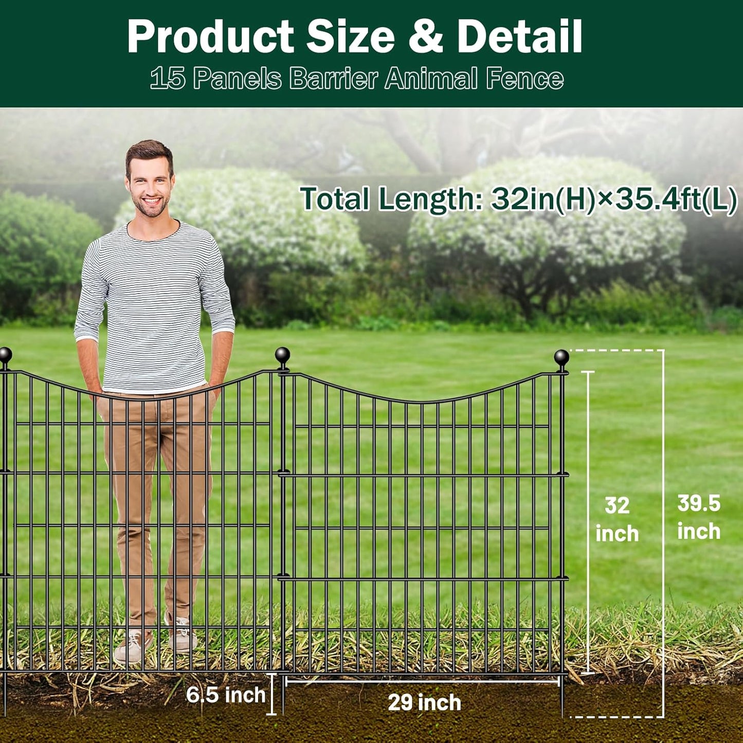 15 Panels No Dig Dog Fence Outdoor for Yard, 32 in(H) X 35.4 ft(L) Decorative Tall Garden Fence