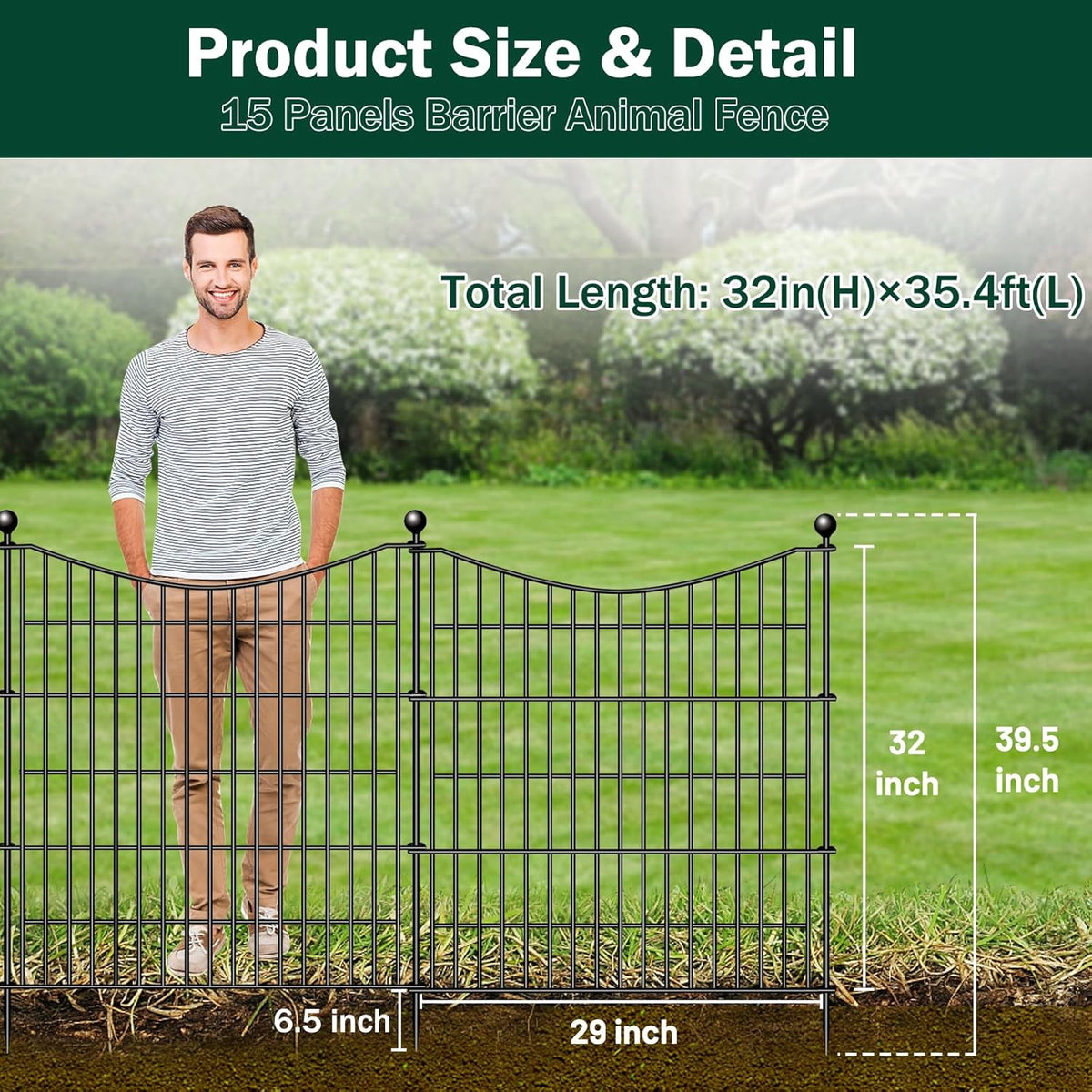 15 Panels No Dig Dog Fence Outdoor for Yard, 32 in(H) X 35.4 ft(L) Decorative Tall Garden Fence