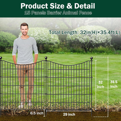 15 Panels Decorative Garden Fence with Gate, 32 in(H) X 35.4 ft(L) No Dig Dog Fence Animal Barrier
