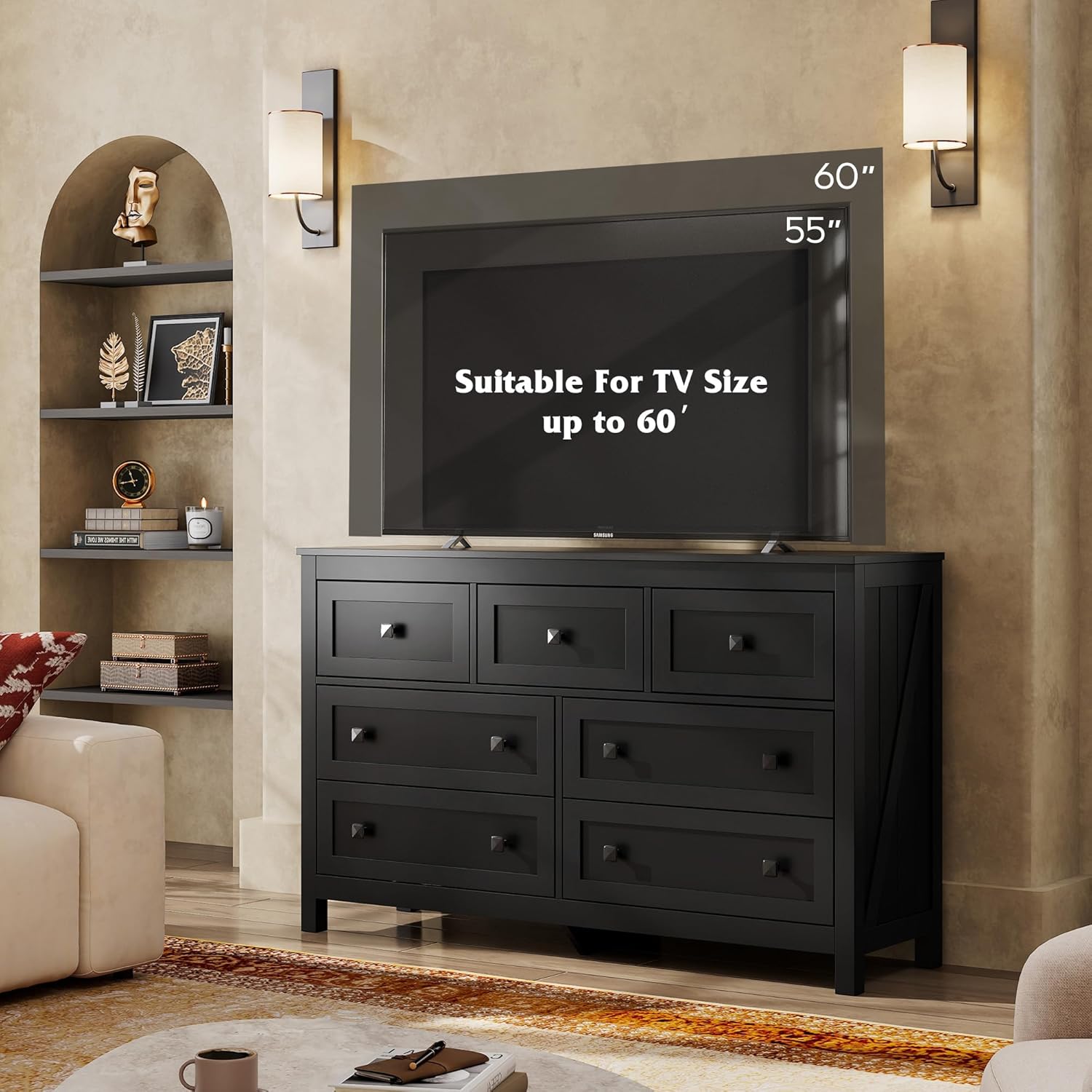 WLIVE Farmhouse Dresser for Bedroom, 51.18'' Wide 7 Drawer Wood Dresser, Black TV Stand for 65 inch