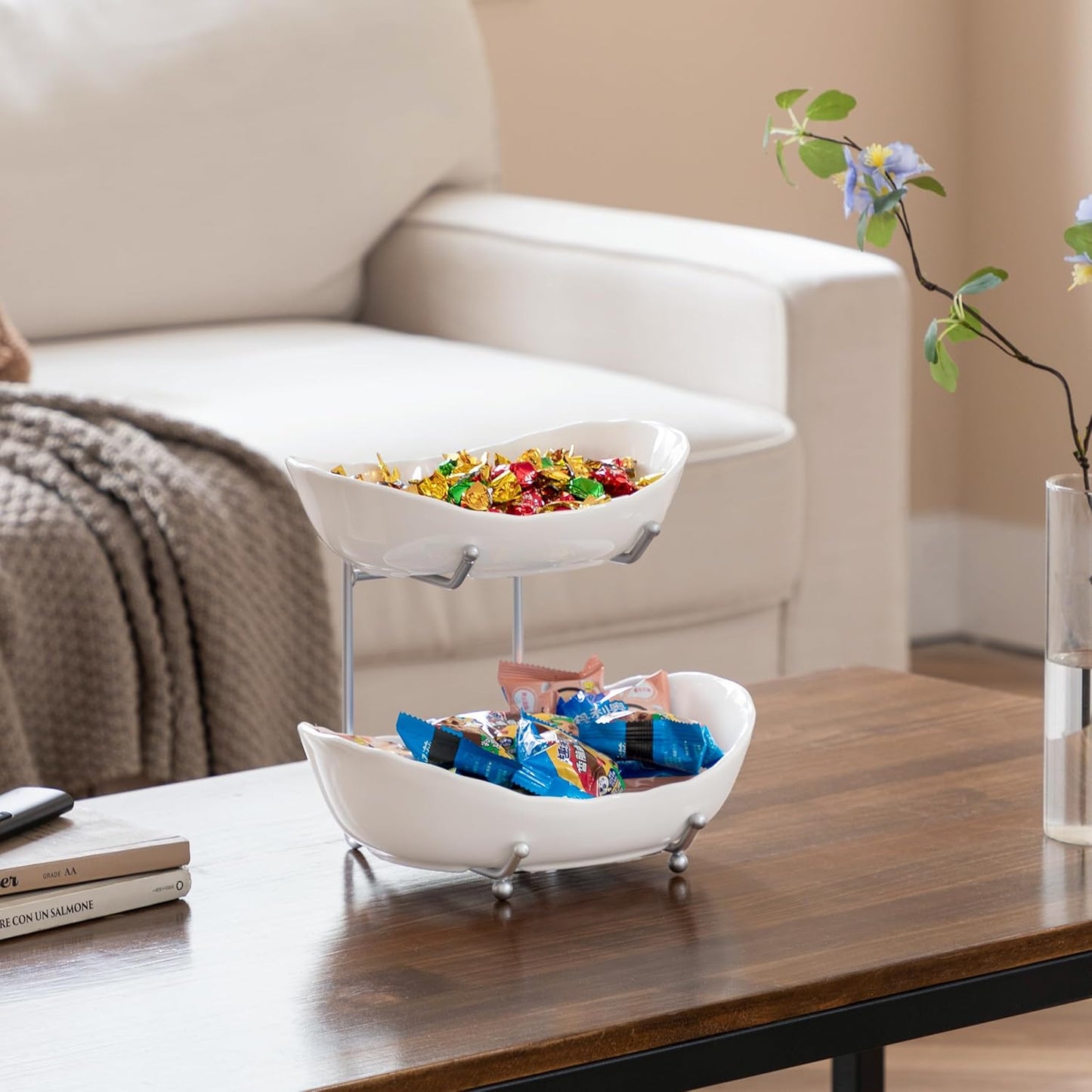 HBlife Fruit Bowl for Kitchen Counter - 2 Tier Ceramic Fruit Bowl with Metal Stand, Tiered Fruit