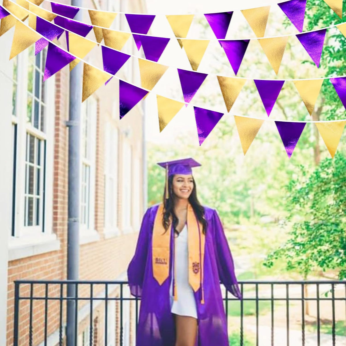 Purple and Gold Party Decorations Metallic Fabric Triangle Pennant Banner Flag Bunting Garland for