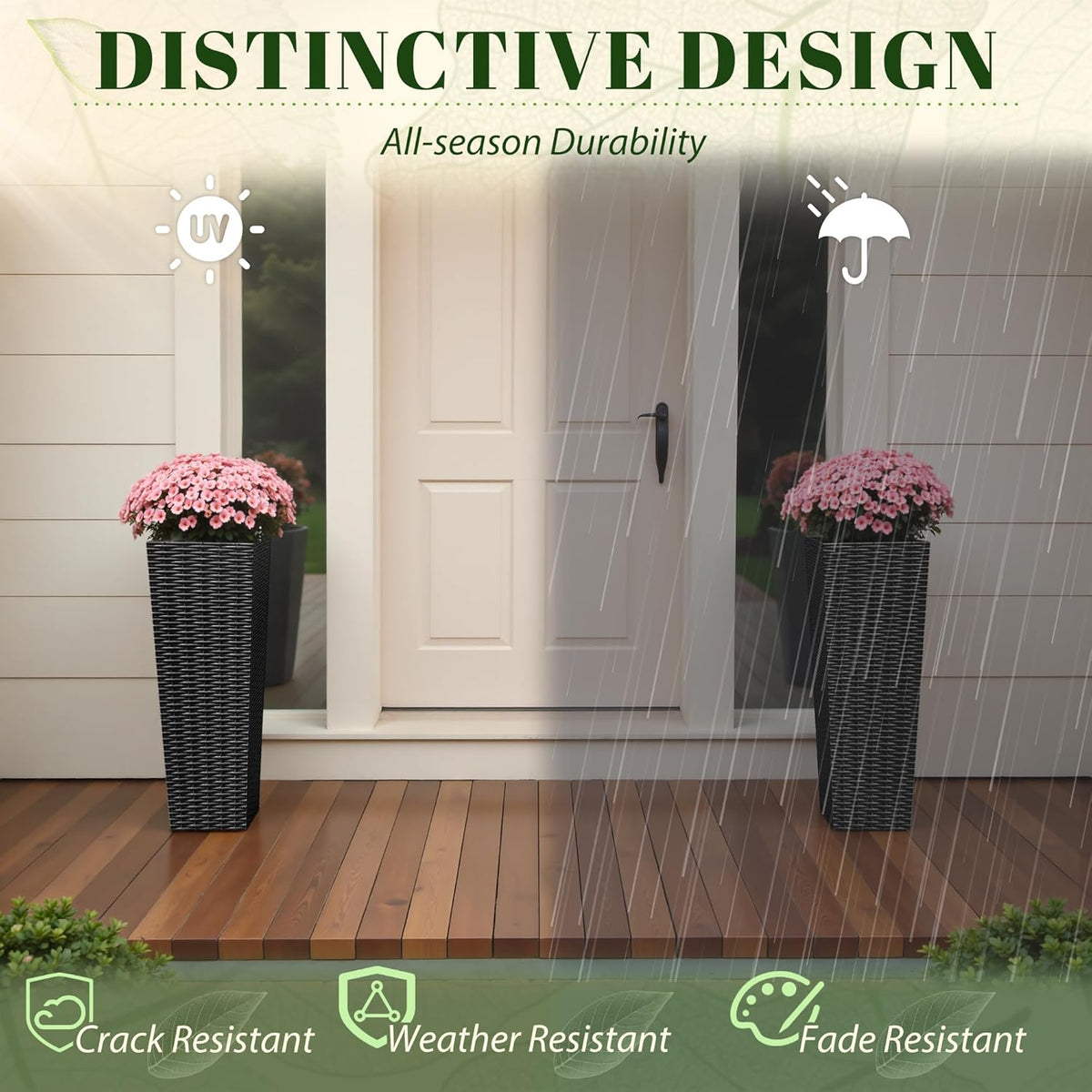 JUMMICO Set of 2 Resin Rattan Tall Planters for Outdoor Plants, Large Tapered Planters with