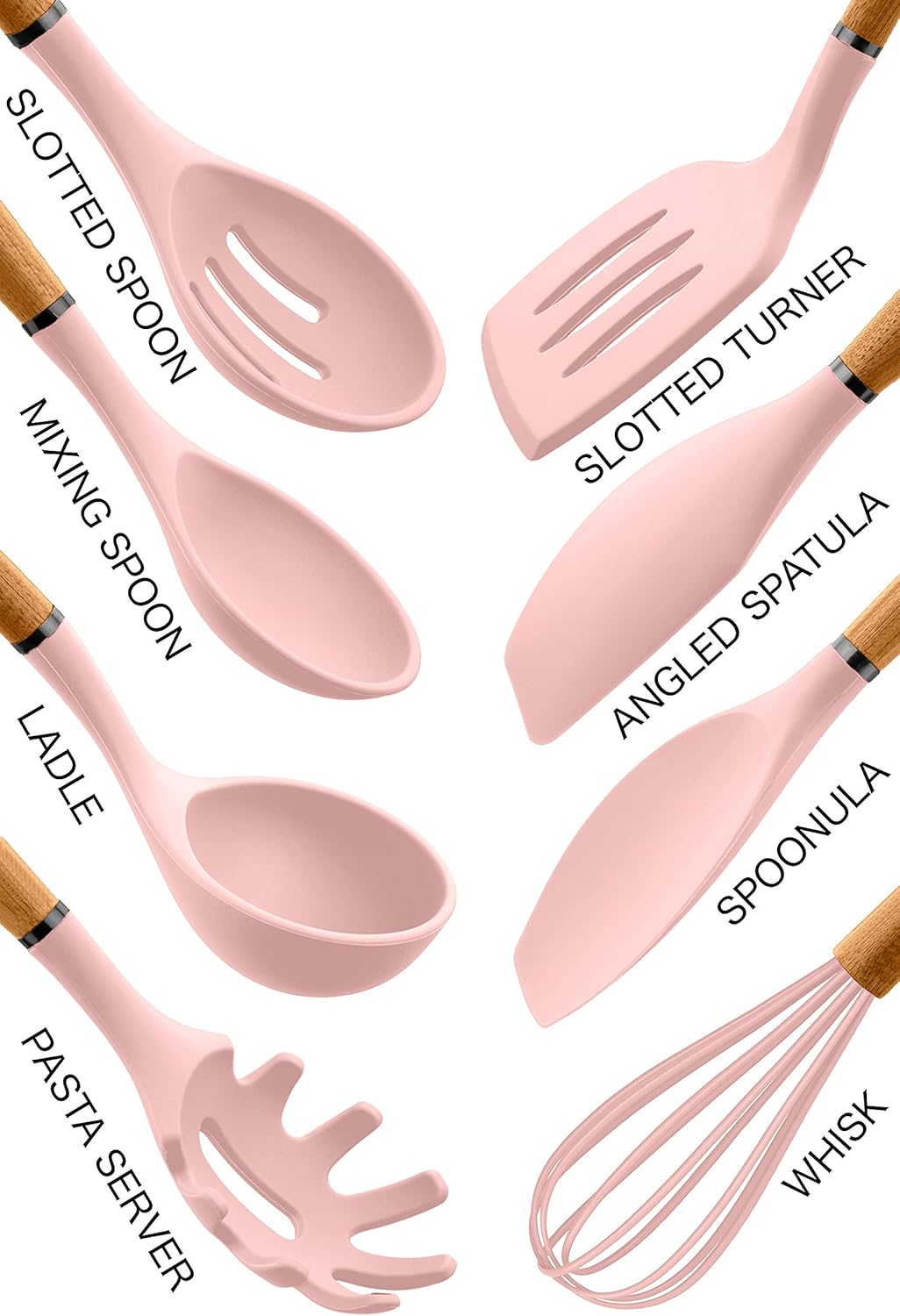Country Kitchen Non Stick Silicone Utensil Set with Rounded Wood Handles for Cooking and Baking, 8