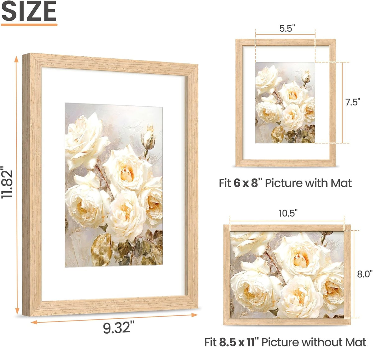 upsimples 8.5 by 11 Picture Frame, Natural Solid Wood Picture Frames, Display 6x8 with Mat or 8.5 x