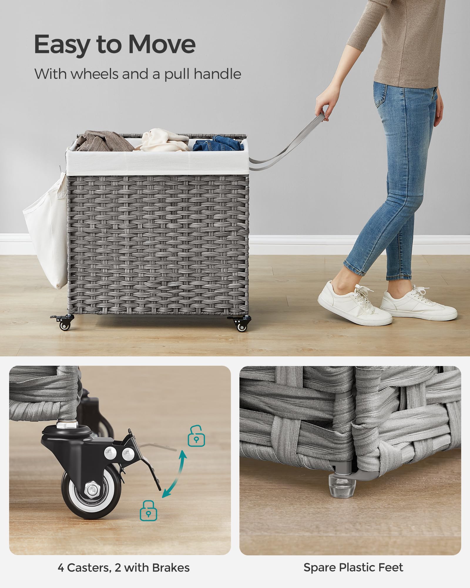 SONGMICS Laundry Hamper with Lid, 37 Gallons (140 L), Rolling Laundry Basket with Wheels, 3-Section