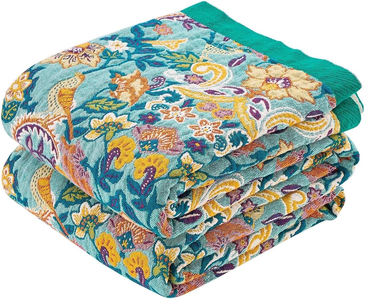 Boho Blanket Throw Quilt, 100% Cotton Soft Light Weight Throw Blankets for Summer, 80"x90"