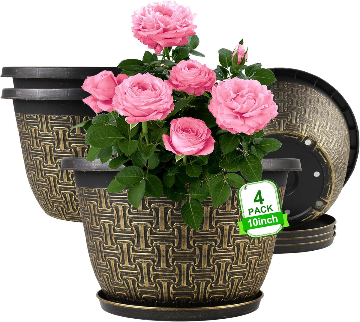 10 Inch Plant Pots, 4 Pack Flower Pots Outdoor with Drainage Holes & Trays, Retro Antique Imitation