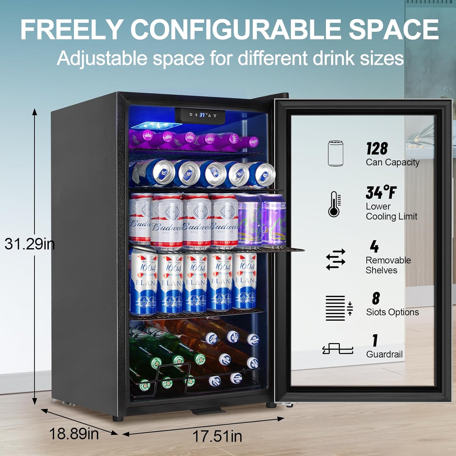 128 Cans Beverage Refrigerator Cooler, 3.2 Cu.Ft Mini Drink Fridge Glass Door for Drink Beer Soda