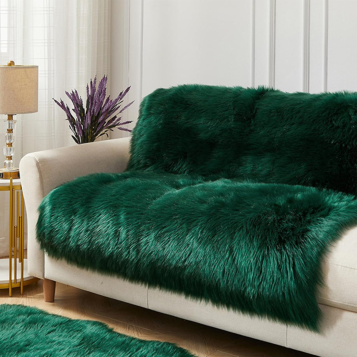 AMTOVO Faux Fur Sheepskin Rug for Living Room, 4 x 6 ft Dark Green Fluffy Area Rug for Bedroom