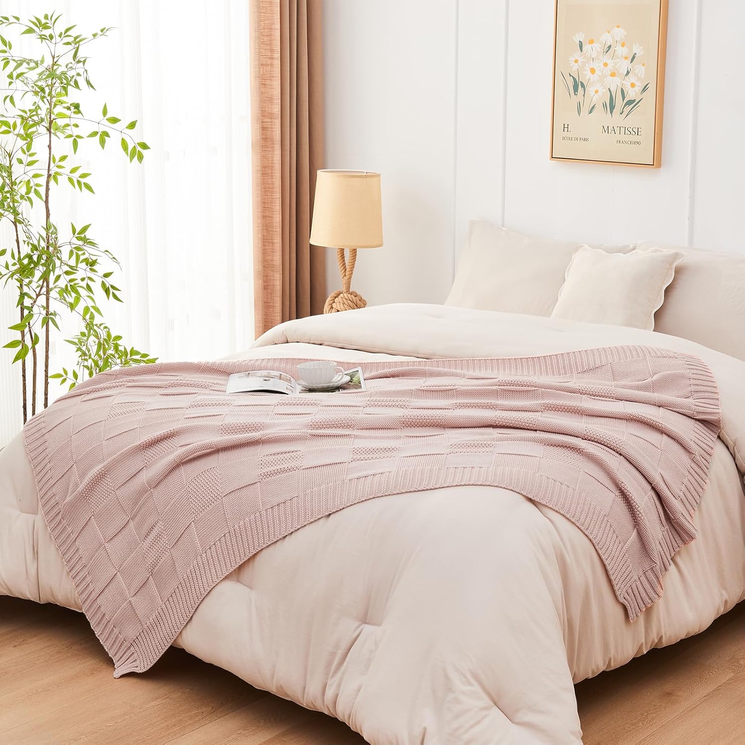 CozeCube Check Knit Throw Blanket, Pink Checkered Throw for Couch, Decorative Christmas Soft Cozy