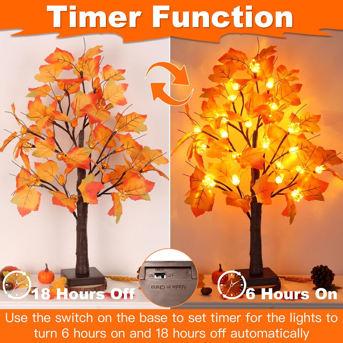 2 Pack 24 Inch Prelit Fall Maple Tree Fall Decor with 48 LED Timer Battery Operated Artificial Fall