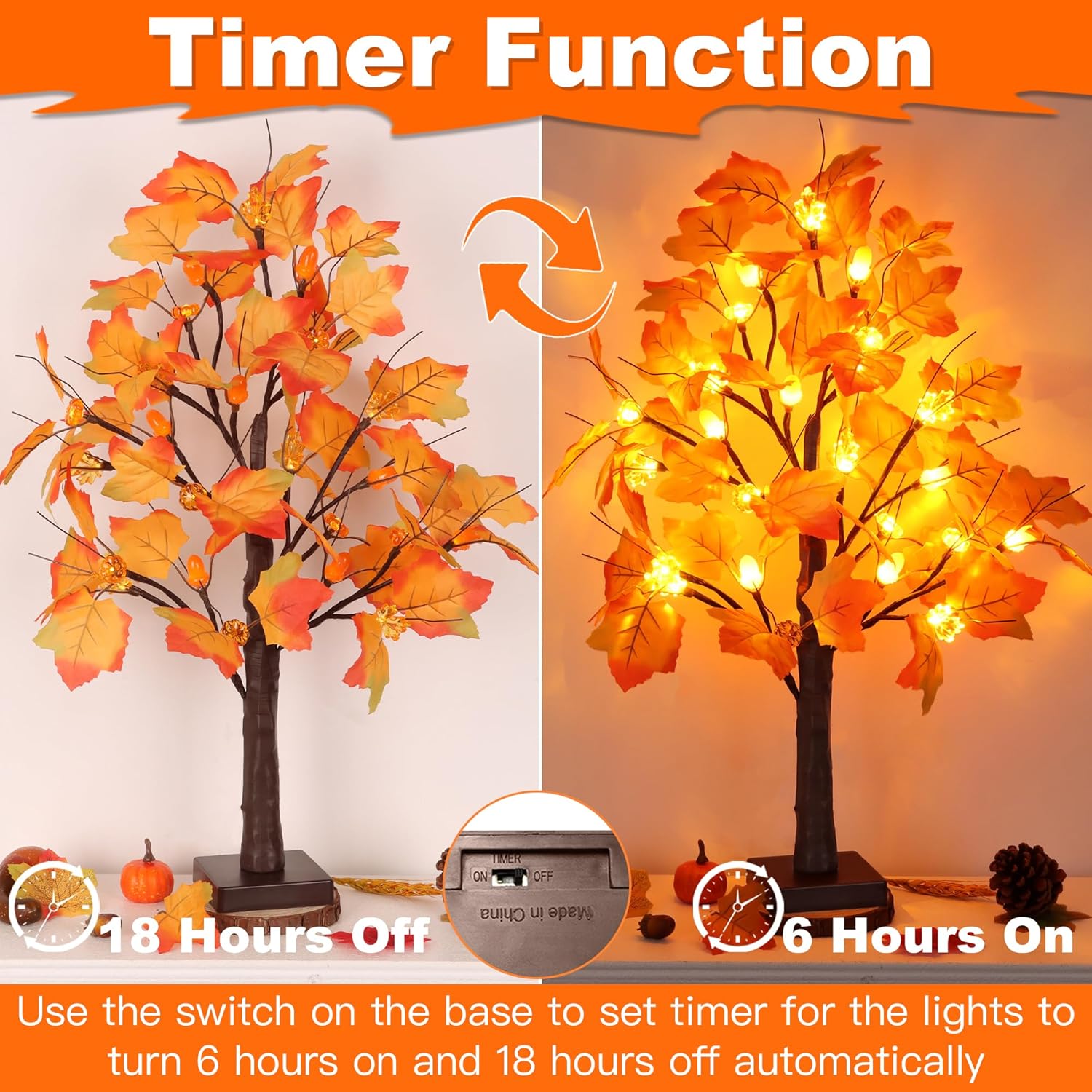 2 Pack 24 Inch Prelit Fall Maple Tree Fall Decor with 48 LED Timer Battery Operated Artificial Fall