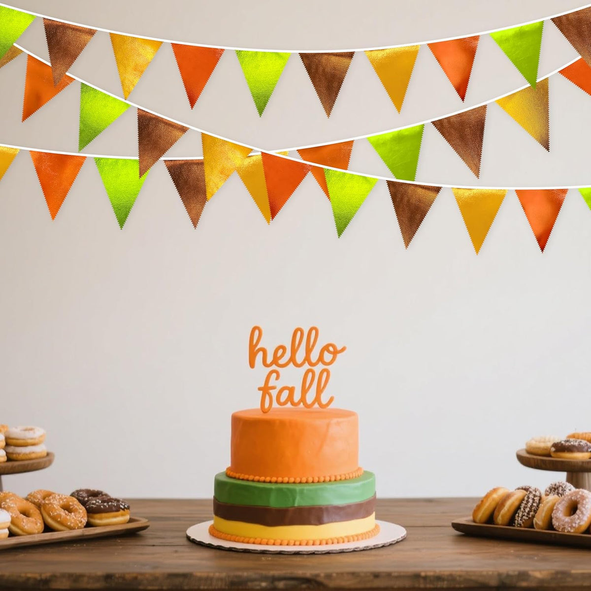 Fall Party Decorations Orange Green Gold Brown Metallic Fabric Triangle Pennant Flag Bunting Banner