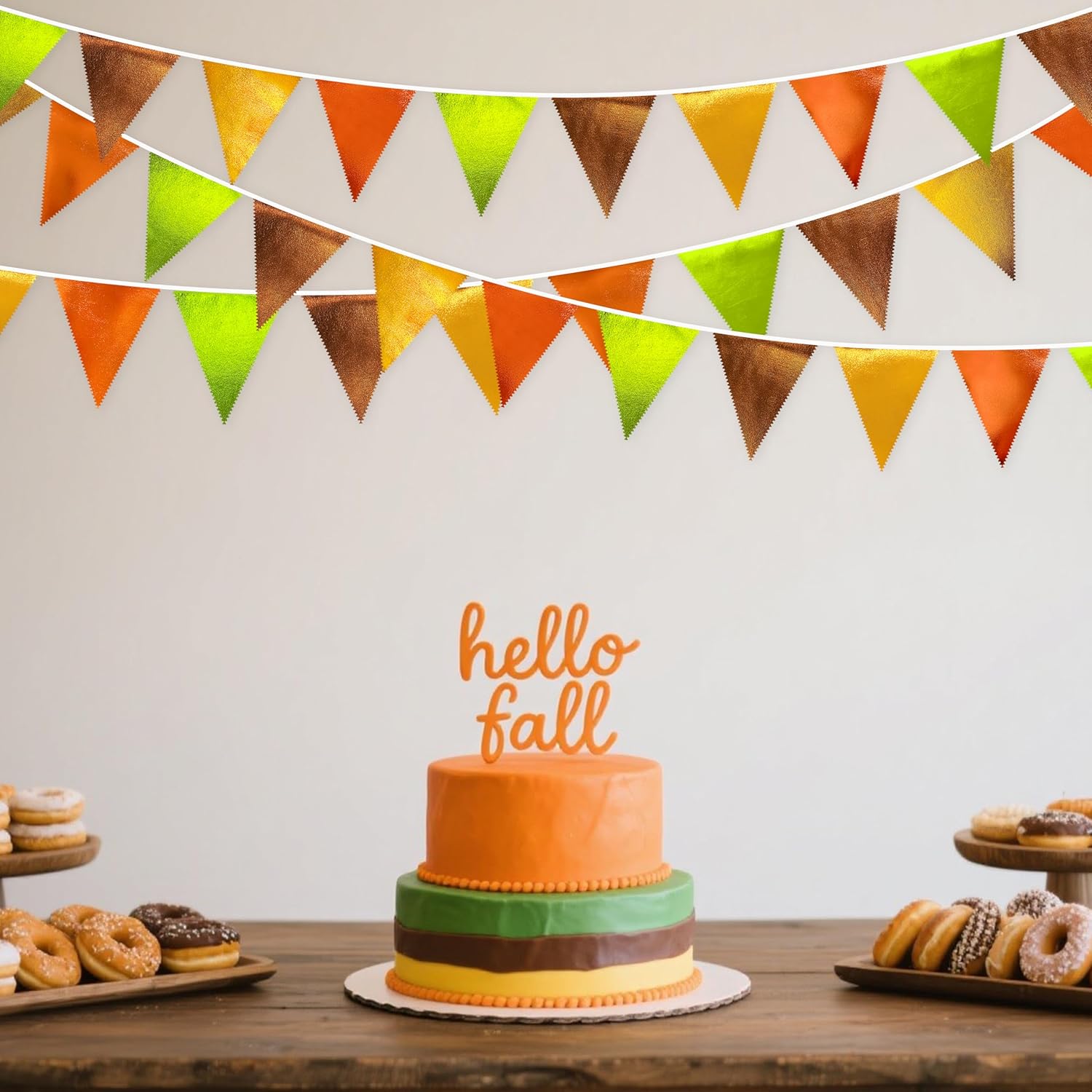 Fall Party Decorations Orange Green Gold Brown Metallic Fabric Triangle Pennant Flag Bunting Banner