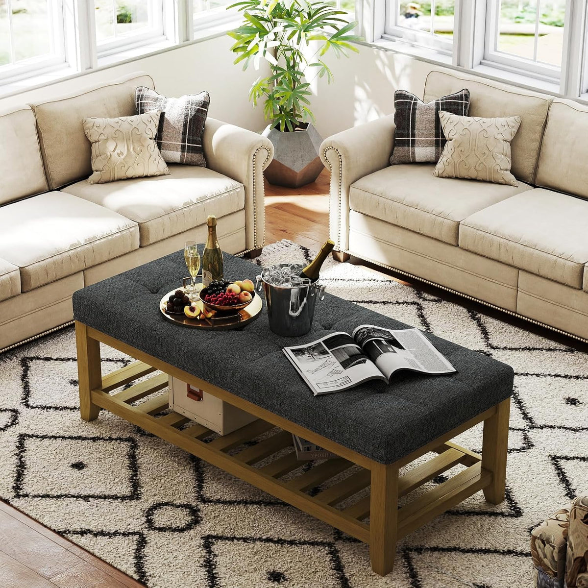 Large Rectangular Upholstered Ottoman Bench, Linen Tufted Footrest Ottoman with Solid Wood Shelf