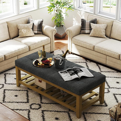Large Rectangular Upholstered Ottoman Bench, Linen Tufted Footrest Ottoman with Solid Wood Shelf