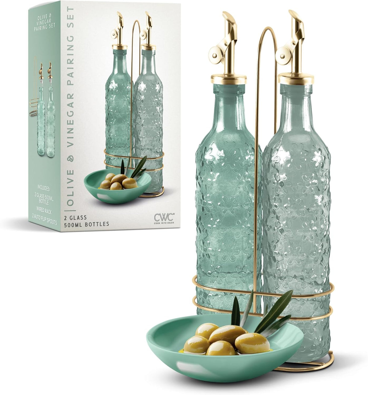 COOK WITH COLOR Glass Olive Oil Bottle Dispenser - 2 Pack- 17oz Oil and Vinegar Cruet - Olive Oil