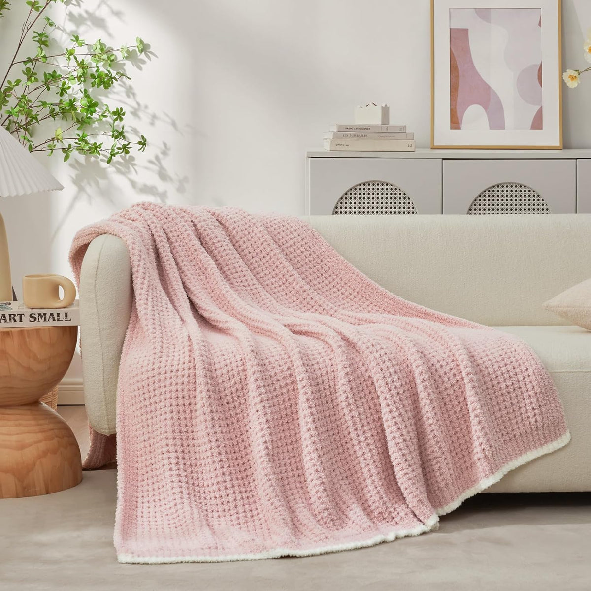 Snuggle Sac Pink Waffle Throw Blanket for Couch Bed Sofa 60x80 inches, Reversible Pink Blanket