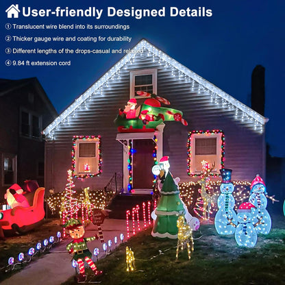 99ft 1216LED Icicle Lights for Outside, White Christmas Lights for House Patio Yard Porch Backyard