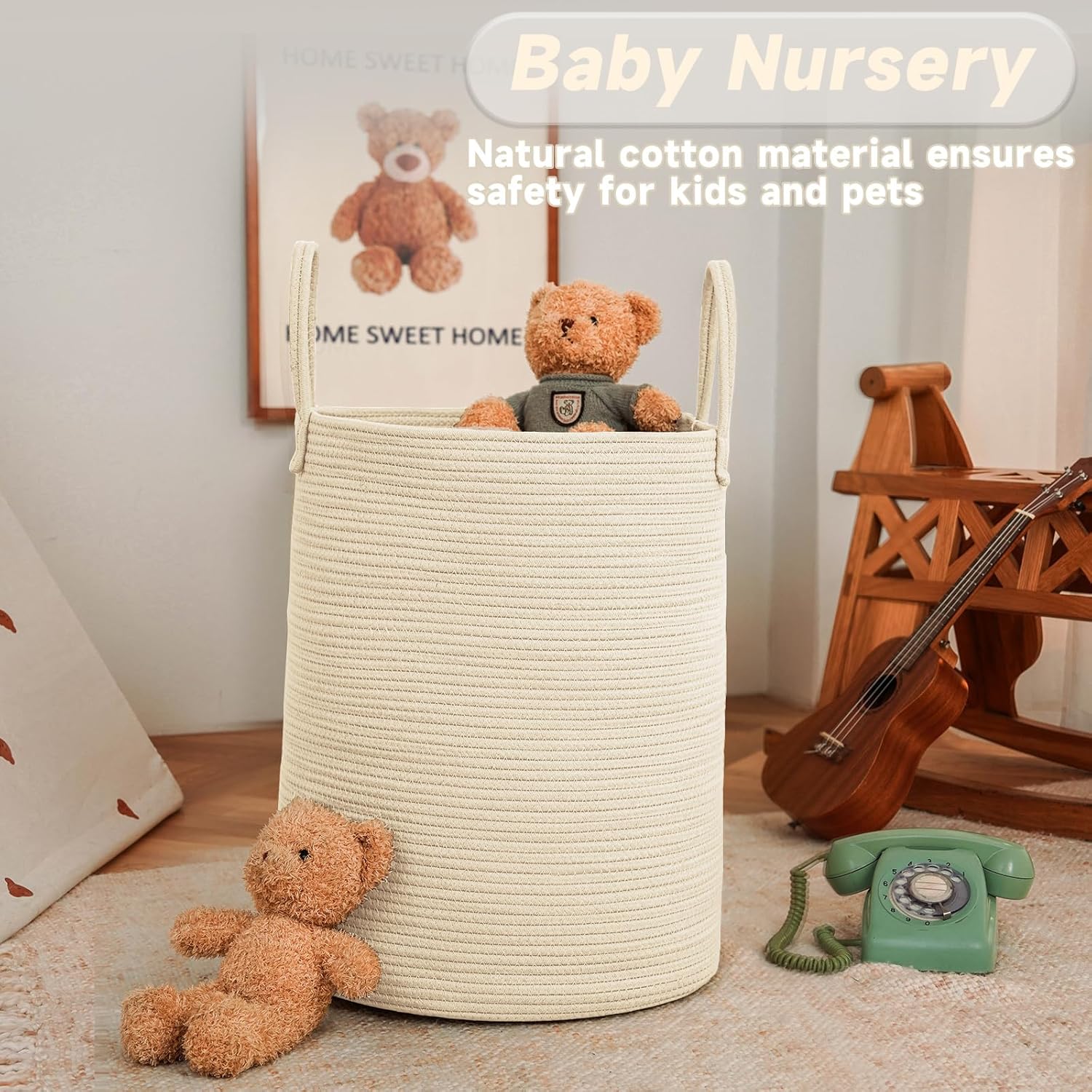 Large Woven Laundry Basket Hamper,60L Cotton Rope Storage Bin for Blankets,Toys and