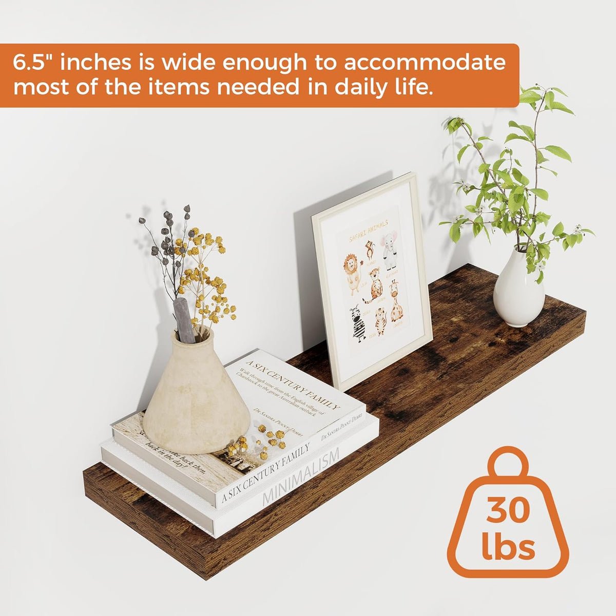 Fun Memories Floating Shelves for Wall, 22.5" Rustic Wood Deep Wall Mounted Shelves with Invisible