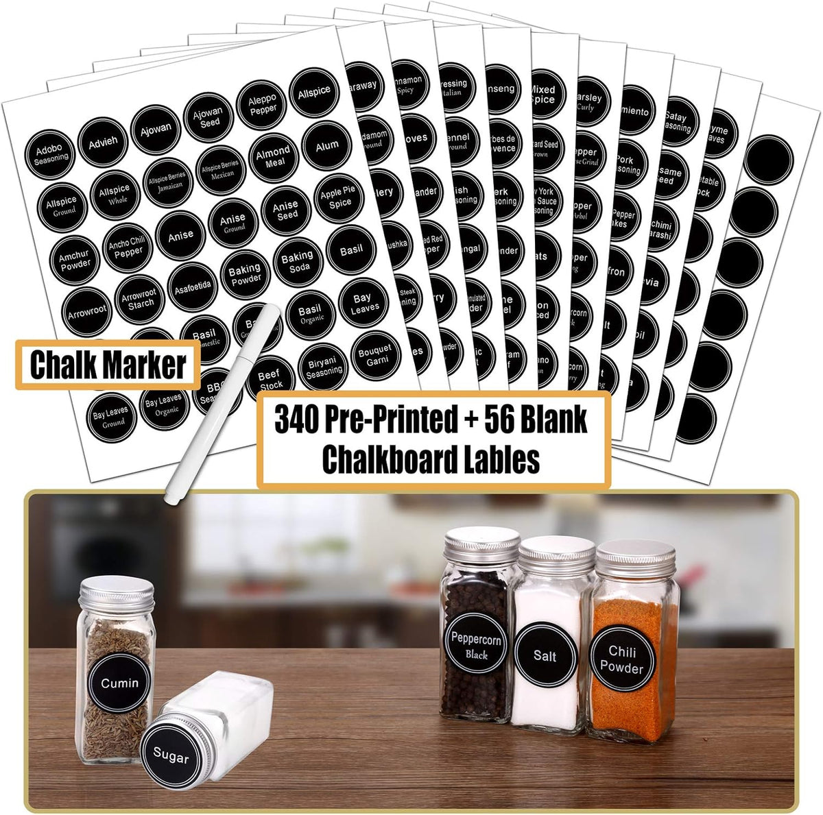 SWOMMOLY Spice Rack Organizer with 36 Empty Square Spice Jars, 396 Spice Labels with Chalk Marker