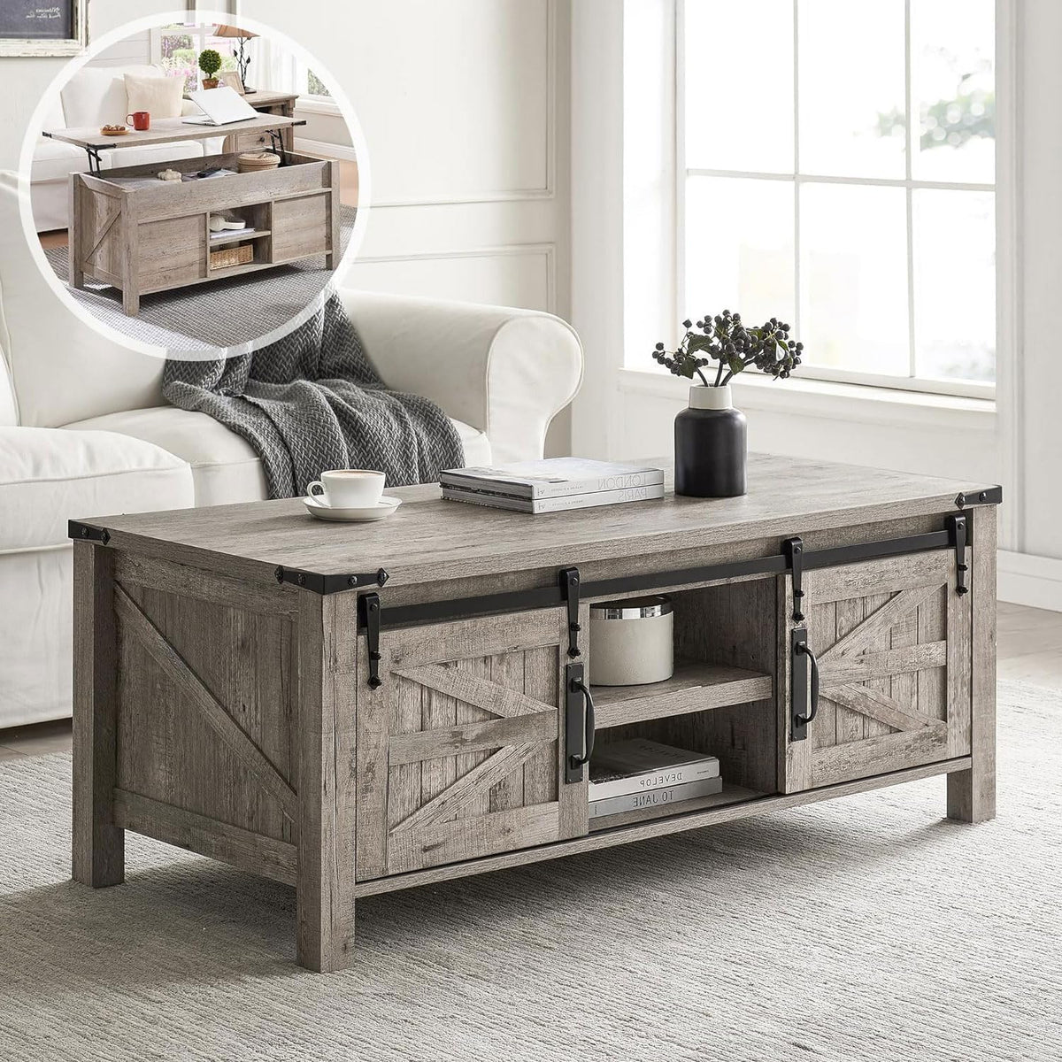 OKD 48" Farmhouse Lift Top Coffee Table with Sliding Barn Door, Rustic Center Table w/Hidden