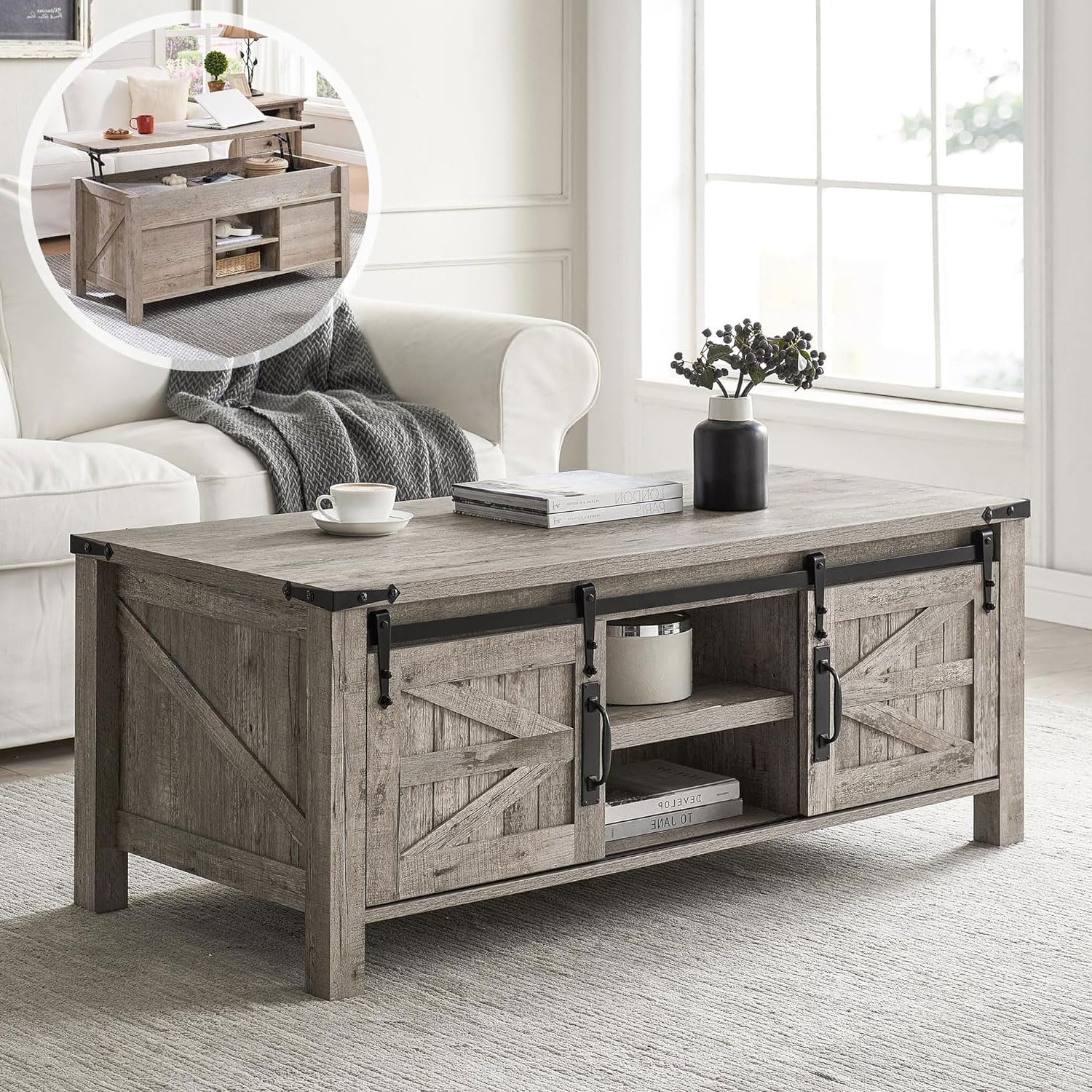 OKD 48" Farmhouse Lift Top Coffee Table with Sliding Barn Door, Rustic Center Table w/Hidden