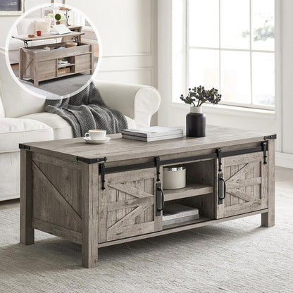OKD 48" Farmhouse Lift Top Coffee Table with Sliding Barn Door, Rustic Center Table w/Hidden