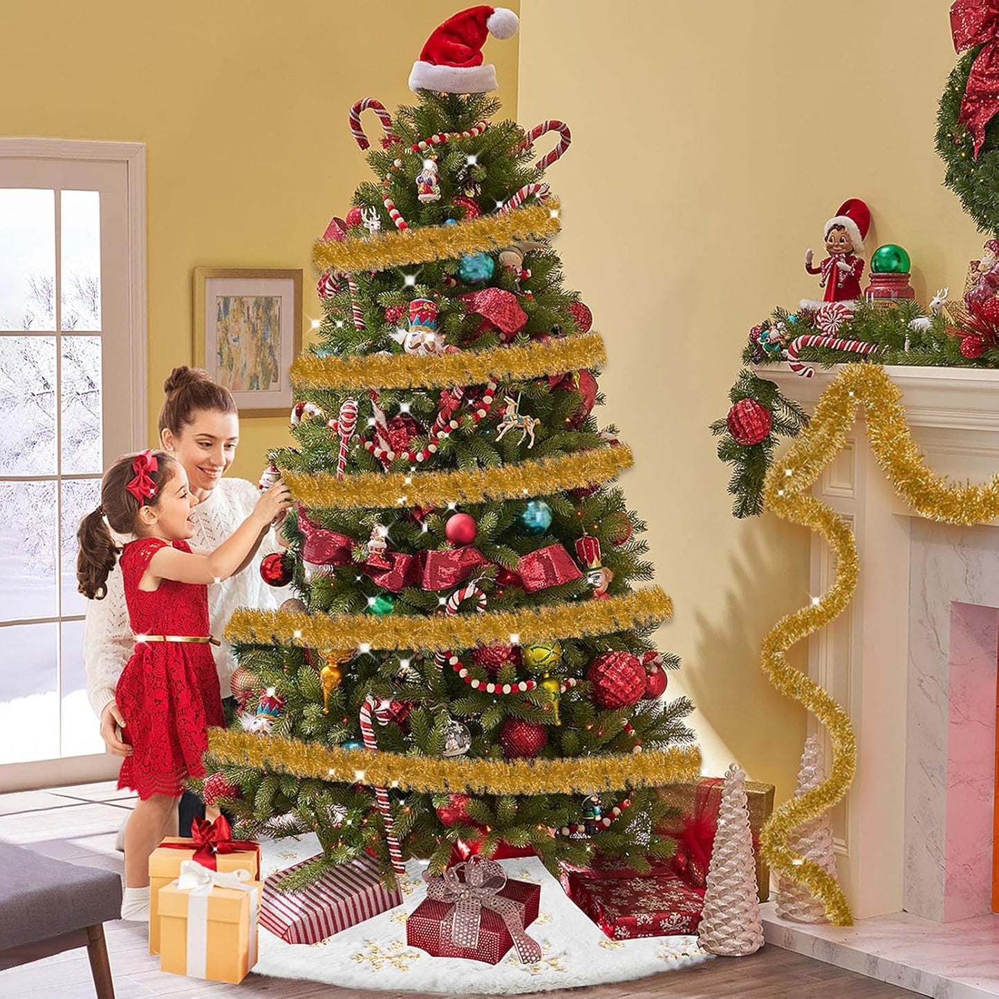 50 Feet Metallic Twist Tinsel Garland - Wall Hanging Backdrop for Parade Floats, Christmas Eve, New