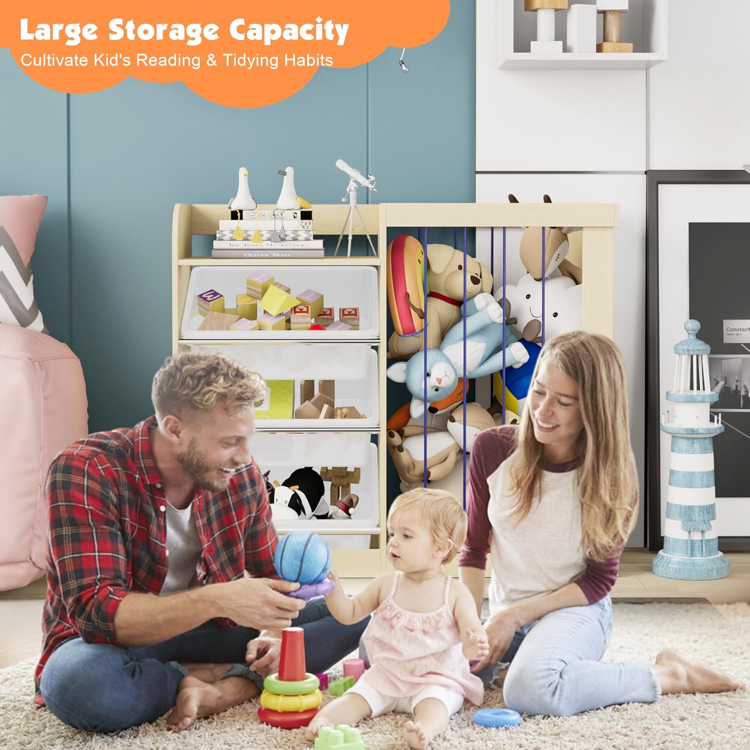 Kids Toy Storage Organizer with 3 Removable Plastic Bins Toddler Montessori Bookshelf with Stuffed