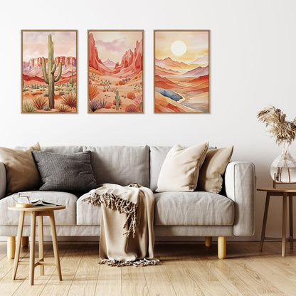 HLNIUC Boho Desert Plant Framed Canvas Wall Art Set,Southwestern Sun Mountain Wall Decor,Cactus