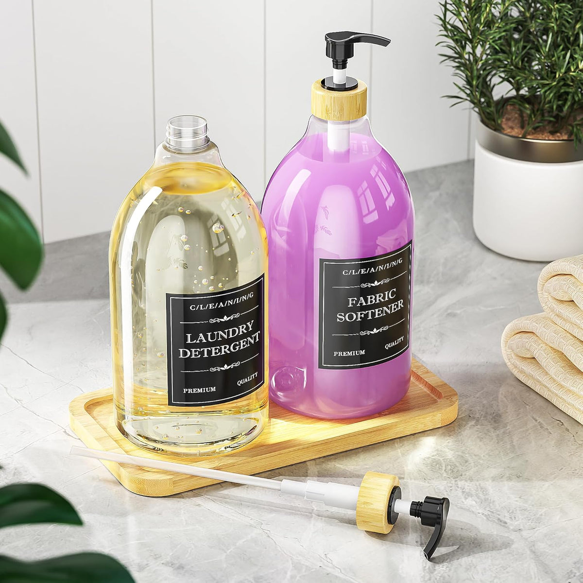 Moforoco Liquid Laundry Detergent Dispenser with Bamboo Tray, 2 Pack 64 Oz Plastic Laundry Soap